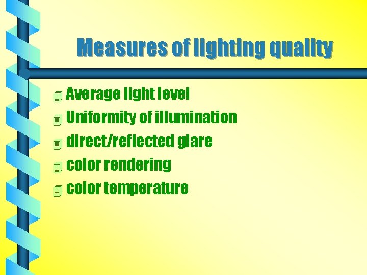 Measures of lighting quality 4 Average light level 4 Uniformity of illumination 4 direct/reflected