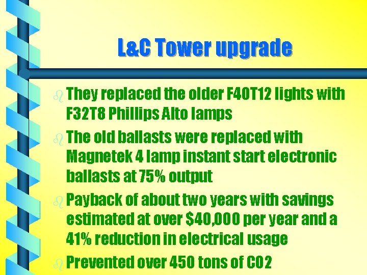 L&C Tower upgrade b They replaced the older F 40 T 12 lights with