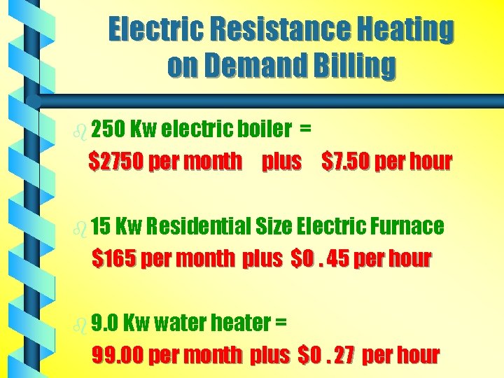 Electric Resistance Heating on Demand Billing b 250 Kw electric boiler = $2750 per