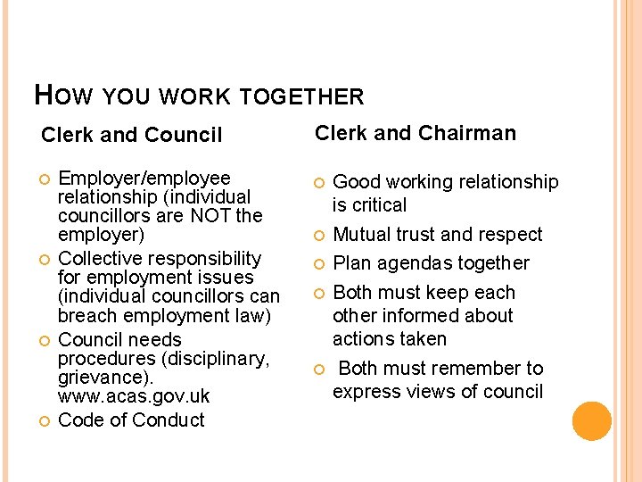 ROLES AND RESPONSIBILITIES WORKING FOR YOUR LOCAL COUNCIL