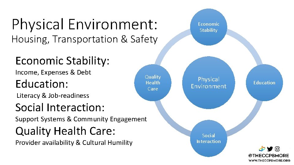 Physical Environment: Housing, Transportation & Safety Economic Stability: Income, Expenses & Debt Education: Literacy