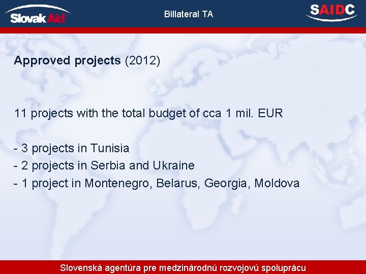 Billateral TA Approved projects (2012) 11 projects with the total budget of cca 1