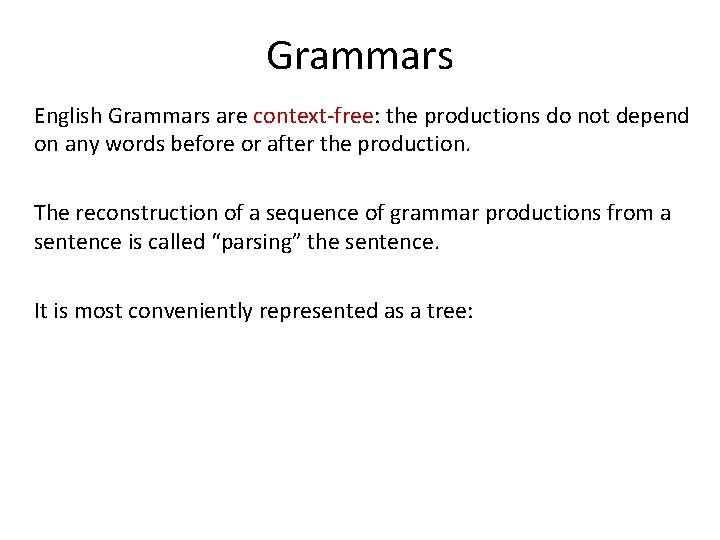 Grammars English Grammars are context-free: the productions do not depend on any words before Grammars English Grammars are context-free: the productions do not depend on any words before