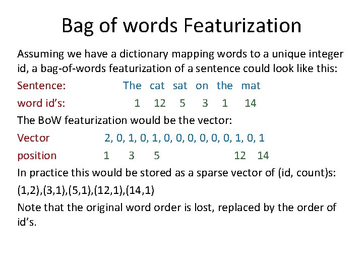 Bag of words Featurization Assuming we have a dictionary mapping words to a unique Bag of words Featurization Assuming we have a dictionary mapping words to a unique