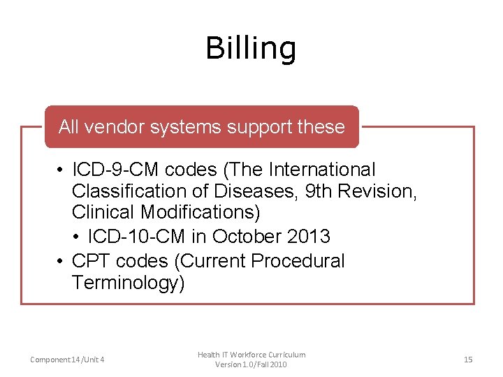 Billing • All vendor systems support these –All. ICD-9 -CM codes (The International Classification