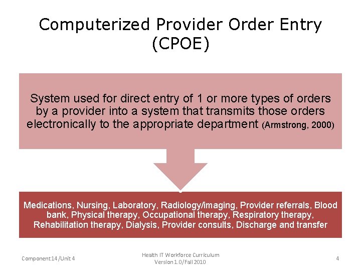 Computerized Provider Order Entry (CPOE) • System used for direct entry of 1 or