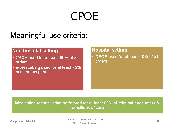 CPOE Meaningful use criteria: Non-hospital setting: Hospital setting: • CPOE used for at least