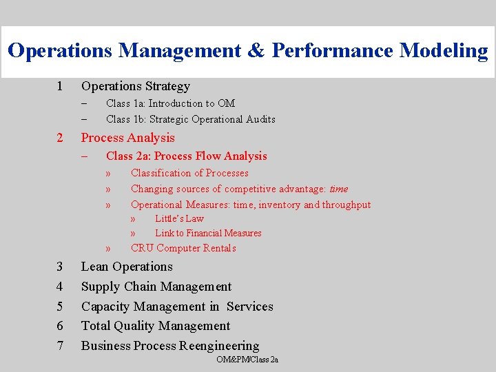 Operations Management & Performance Modeling 1 Operations Strategy – – 2 Class 1 a: