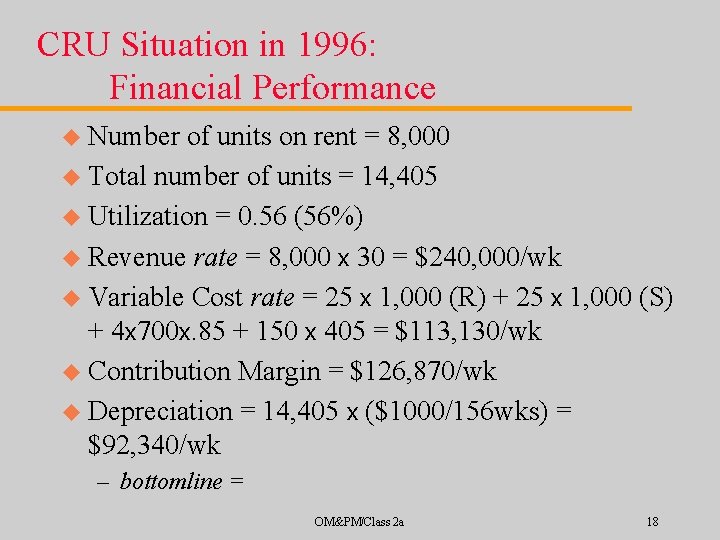 CRU Situation in 1996: Financial Performance u Number of units on rent = 8,