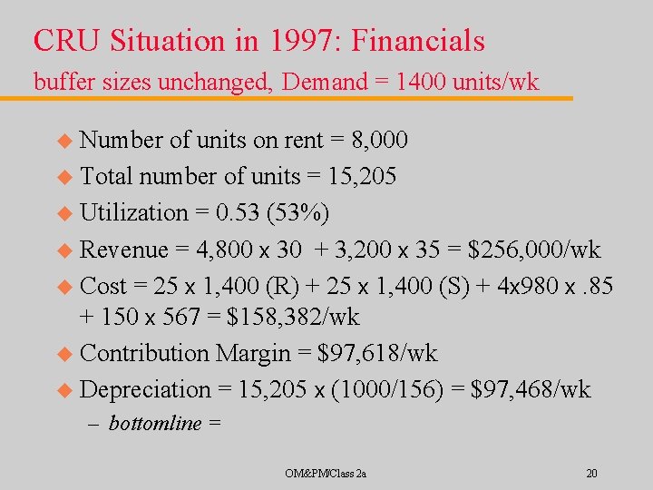 CRU Situation in 1997: Financials buffer sizes unchanged, Demand = 1400 units/wk u Number