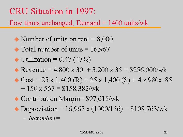 CRU Situation in 1997: flow times unchanged, Demand = 1400 units/wk u Number of