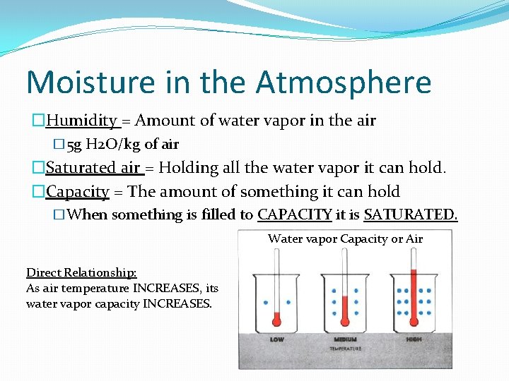 Moisture in the Atmosphere �Humidity = Amount of water vapor in the air �