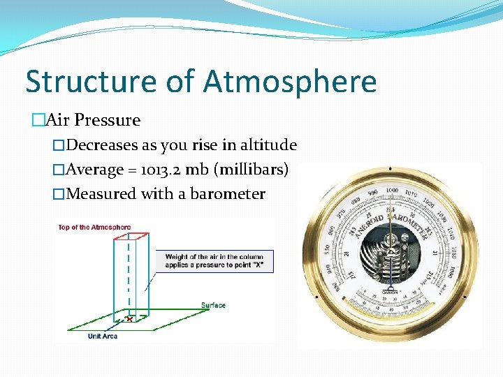 Structure of Atmosphere �Air Pressure �Decreases as you rise in altitude �Average = 1013.