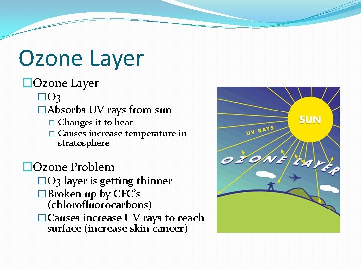 Ozone Layer �O 3 �Absorbs UV rays from sun � Changes it to heat