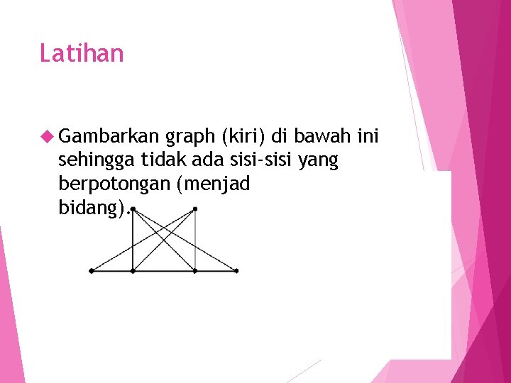 Latihan Gambarkan graph (kiri) di bawah ini sehingga tidak ada sisi-sisi yang berpotongan (menjadi