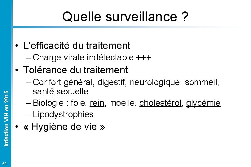 Quelle surveillance ? • L'efficacité du traitement – Charge virale indétectable +++ Infection VIH