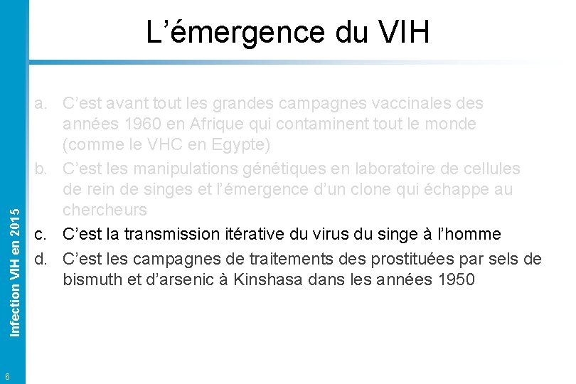 Infection VIH en 2015 L’émergence du VIH 6 a. C’est avant tout les grandes