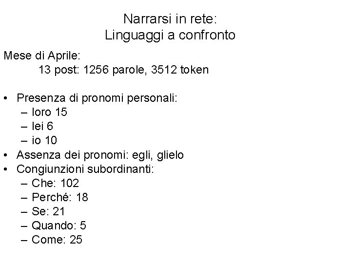 Narrarsi in rete: Linguaggi a confronto Mese di Aprile: 13 post: 1256 parole, 3512