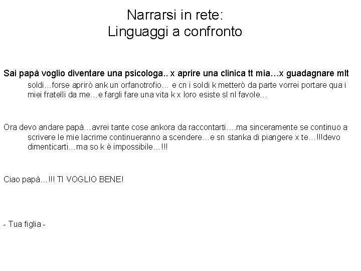 Narrarsi in rete: Linguaggi a confronto Sai papà voglio diventare una psicologa. . x