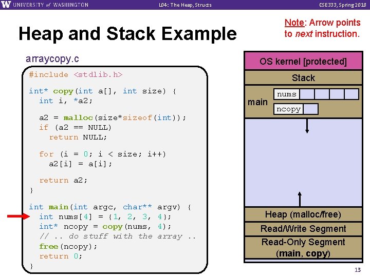 L 04: The Heap, Structs CSE 333, Spring 2018 Note: Arrow points to next