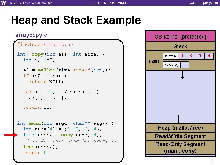 L 04: The Heap, Structs CSE 333, Spring 2018 Heap and Stack Example arraycopy.