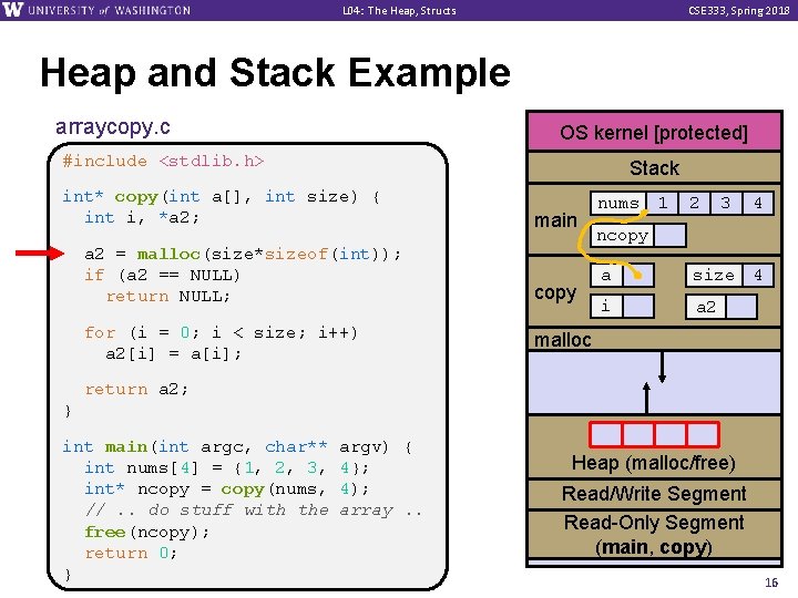 L 04: The Heap, Structs CSE 333, Spring 2018 Heap and Stack Example arraycopy.