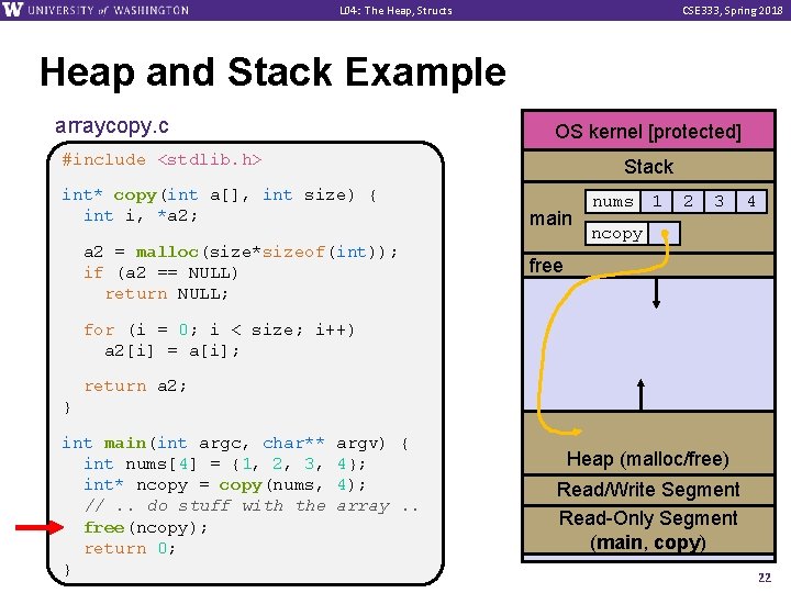 L 04: The Heap, Structs CSE 333, Spring 2018 Heap and Stack Example arraycopy.