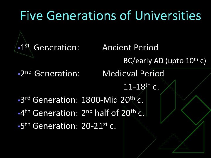Five Generations of Universities • 1 st Generation: Ancient Period BC/early AD (upto 10