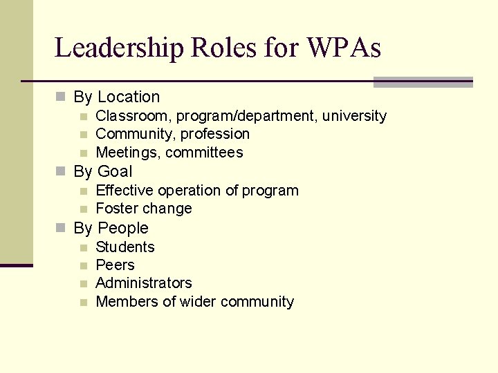 Leadership Roles for WPAs n By Location n Classroom, program/department, university n Community, profession