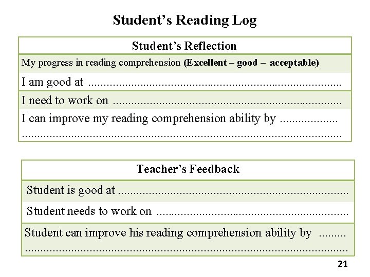 Student’s Reading Log Student’s Reflection My progress in reading comprehension (Excellent – good –