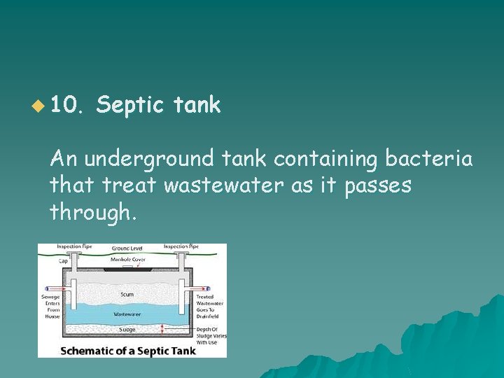 u 10. Septic tank An underground tank containing bacteria that treat wastewater as it