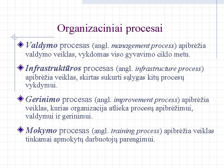 Organizaciniai procesai Valdymo procesas (angl. management process) apibrėžia valdymo veiklas, vykdomas viso gyvavimo ciklo