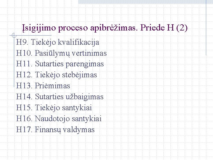 Įsigijimo proceso apibrėžimas. Priede H (2) H 9. Tiekėjo kvalifikacija H 10. Pasiūlymų vertinimas