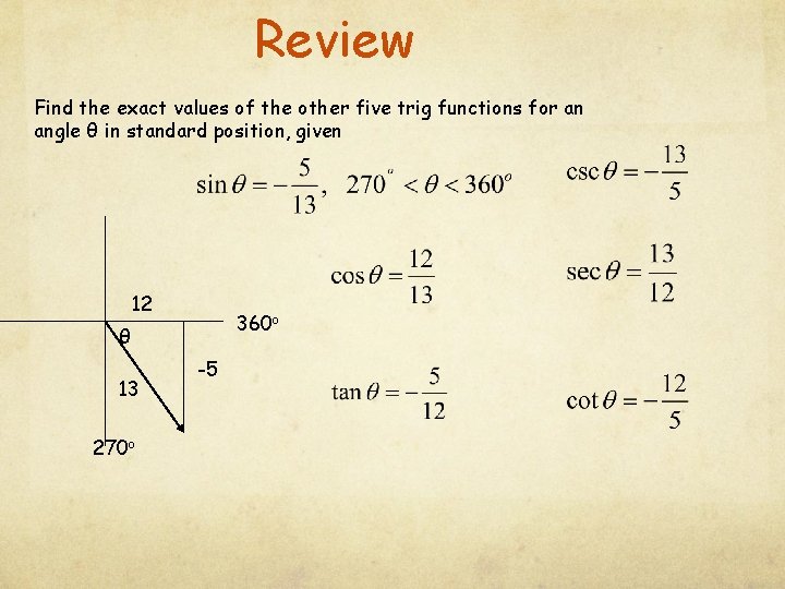 Review Find the exact values of the other five trig functions for an angle