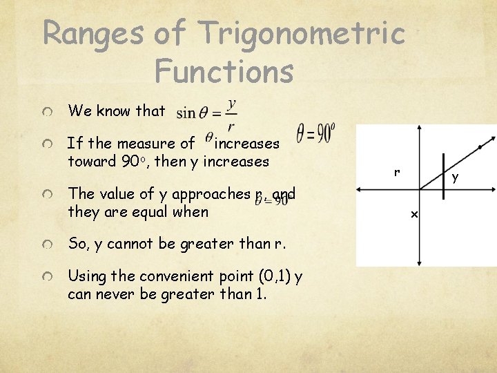 Ranges of Trigonometric Functions We know that If the measure of increases toward 90