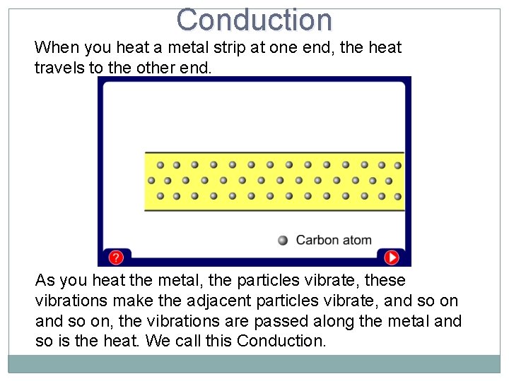 Conduction When you heat a metal strip at one end, the heat travels to