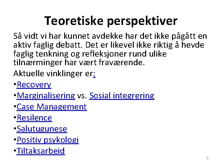 Teoretiske perspektiver Så vidt vi har kunnet avdekke har det ikke pågått en aktiv