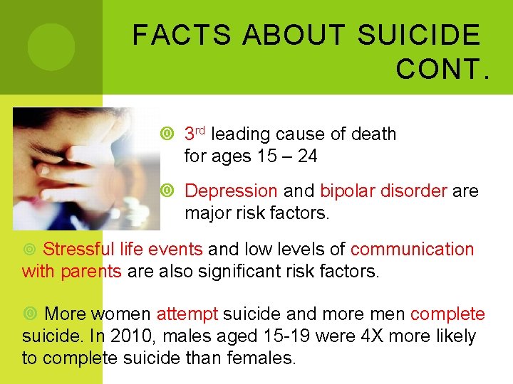 FACTS ABOUT SUICIDE CONT. 3 rd leading cause of death for ages 15 –