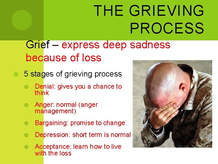 THE GRIEVING PROCESS Grief – express deep sadness because of loss 5 stages of