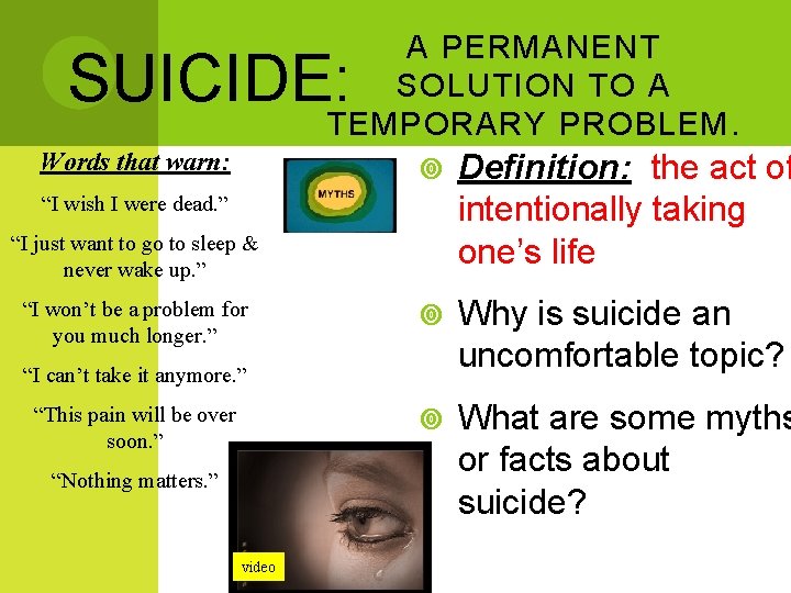 A PERMANENT SOLUTION TO A TEMPORARY PROBLEM. SUICIDE: Words that warn: Definition: the act