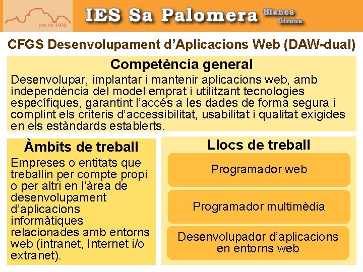 CFGS Desenvolupament d’Aplicacions Web (DAW-dual) Competència general Desenvolupar, implantar i mantenir aplicacions web, amb CFGS Desenvolupament d’Aplicacions Web (DAW-dual) Competència general Desenvolupar, implantar i mantenir aplicacions web, amb