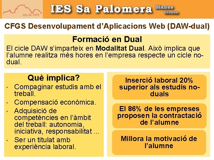 CFGS Desenvolupament d’Aplicacions Web (DAW-dual) Formació en Dual El cicle DAW s’imparteix en Modalitat CFGS Desenvolupament d’Aplicacions Web (DAW-dual) Formació en Dual El cicle DAW s’imparteix en Modalitat