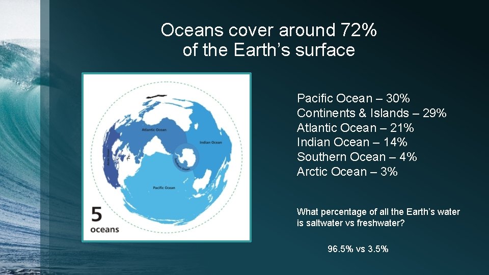 Oceans cover around 72% of the Earth’s surface Pacific Ocean – 30% Continents & Oceans cover around 72% of the Earth’s surface Pacific Ocean – 30% Continents &