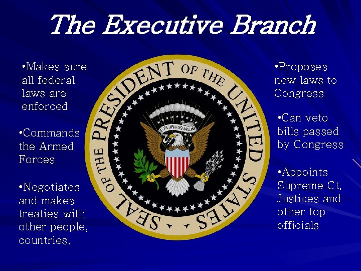 The Executive Branch • Makes sure all federal laws are enforced • Commands the