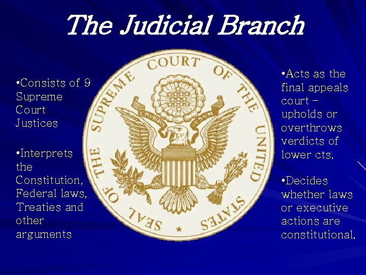 The Judicial Branch • Consists of 9 Supreme Court Justices • Interprets the Constitution,