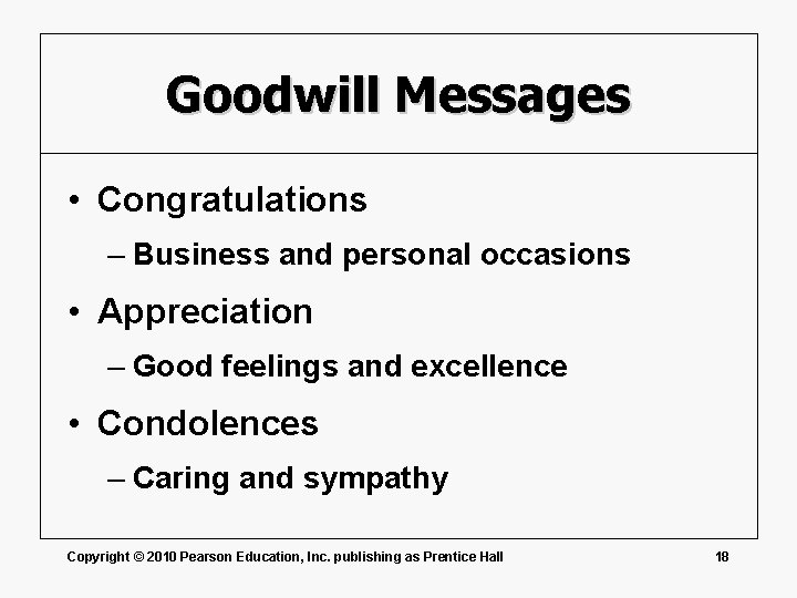 Goodwill Messages • Congratulations – Business and personal occasions • Appreciation – Good feelings