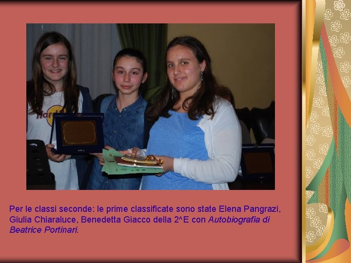 Per le classi seconde: le prime classificate sono state Elena Pangrazi, Giulia Chiaraluce, Benedetta