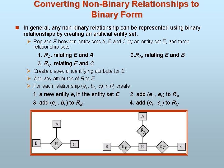 Converting Non-Binary Relationships to Binary Form n In general, any non-binary relationship can be