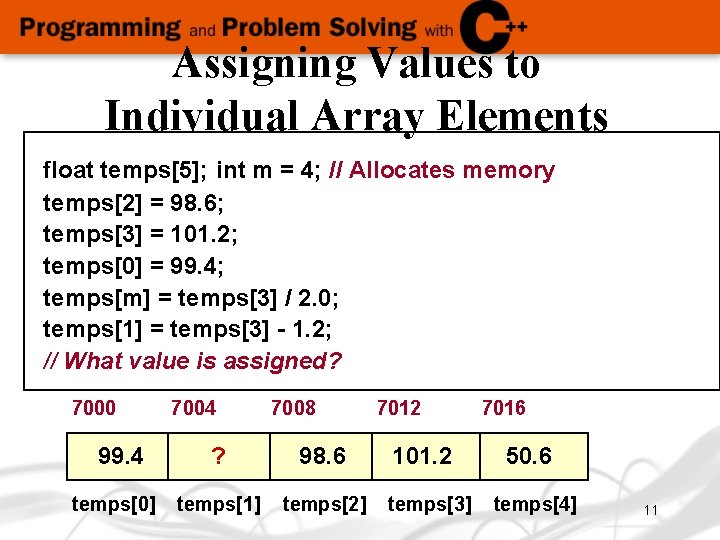 Assigning Values to Individual Array Elements float temps[5]; int m = 4; // Allocates