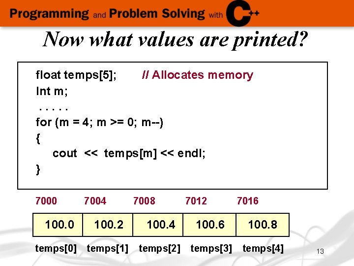 Now what values are printed? float temps[5]; // Allocates memory Int m; . .